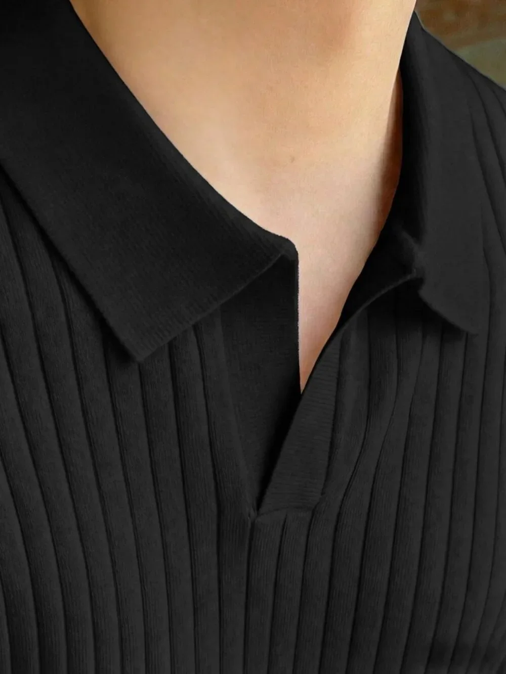 Black Casual Men's Plain Collar Button Front Long Sleeve Sweater